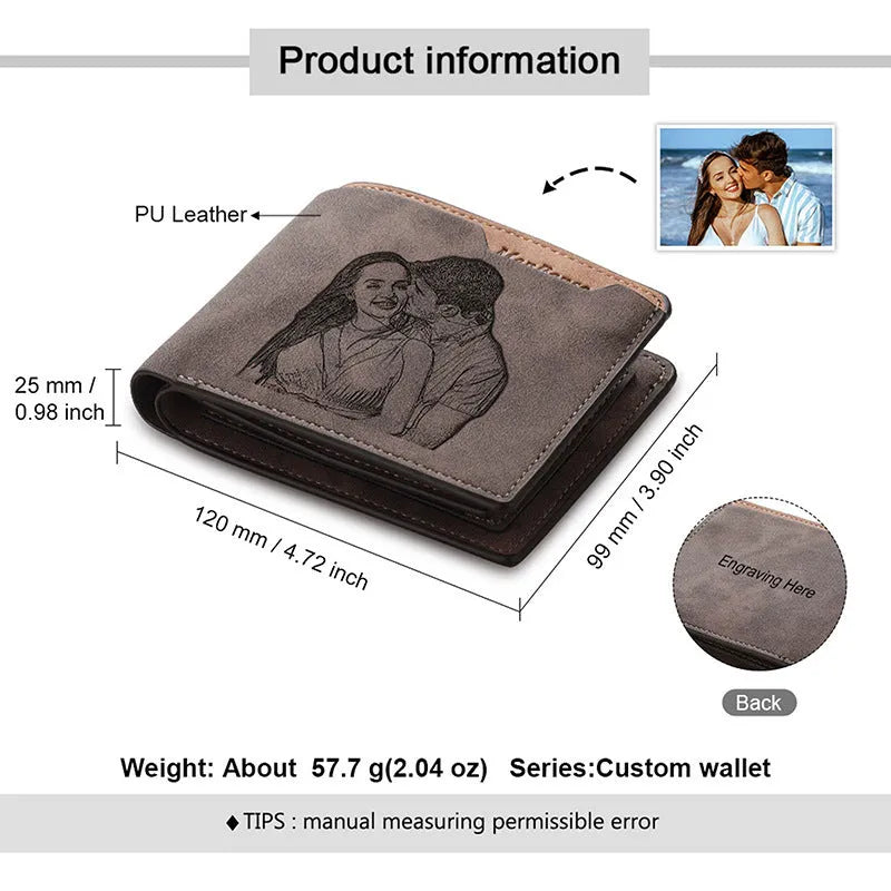 Coffee coloured horizontal short wallet with photo engraving personalisation