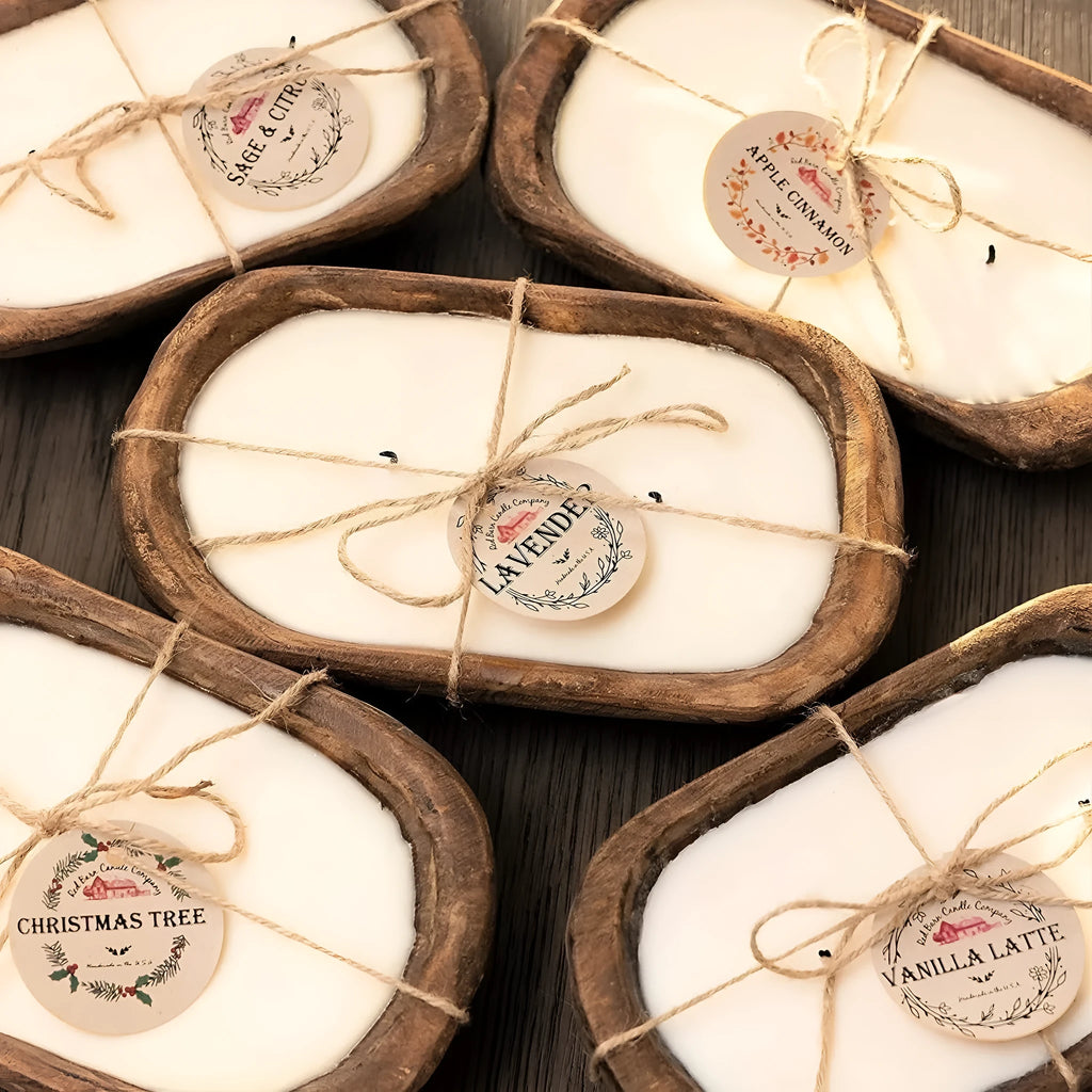 Retro style wooden basin containing a lavender-scented soy wax candle with a wooden wick.