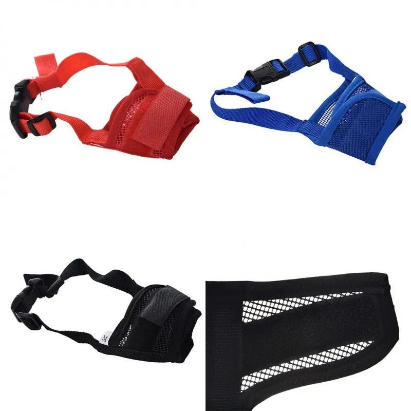 Plastic dog safety muzzle in five colours with adjustable sizing for mouth circles 12-34cm