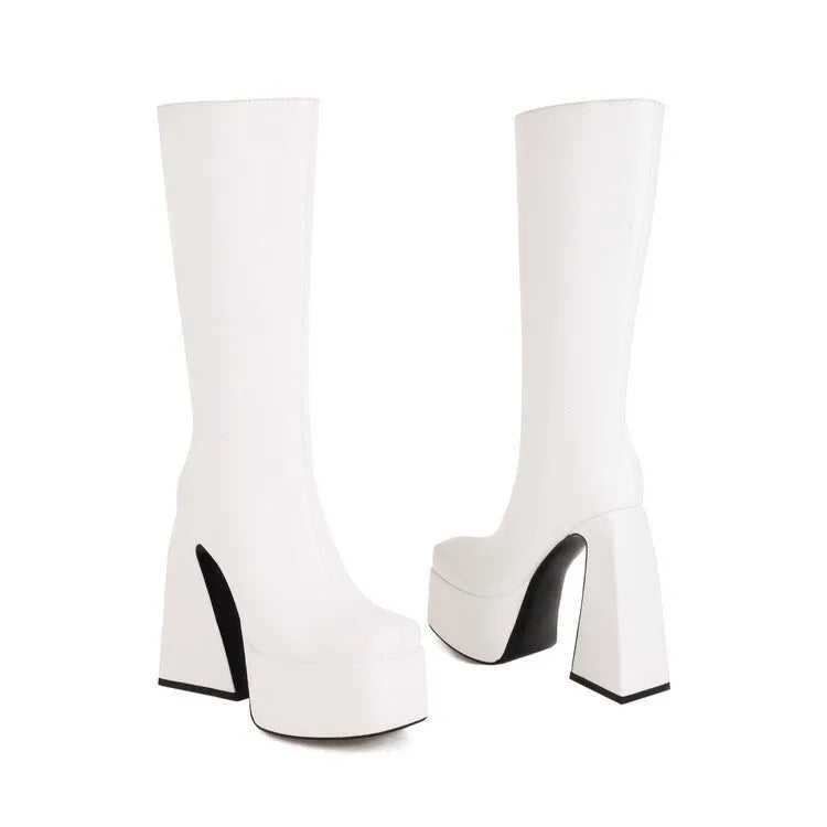 Women's black knee-high casual boots with artificial PU upper material