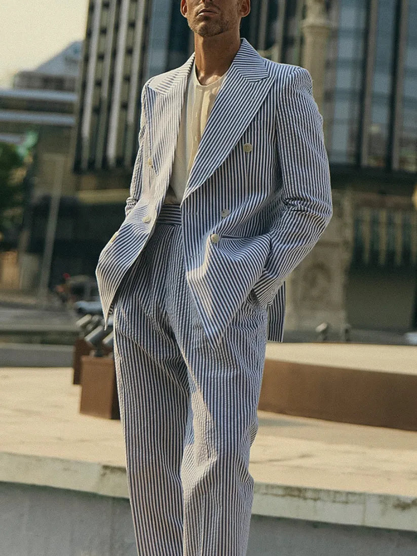 Blue and white striped polyester suit set with regular fit styling