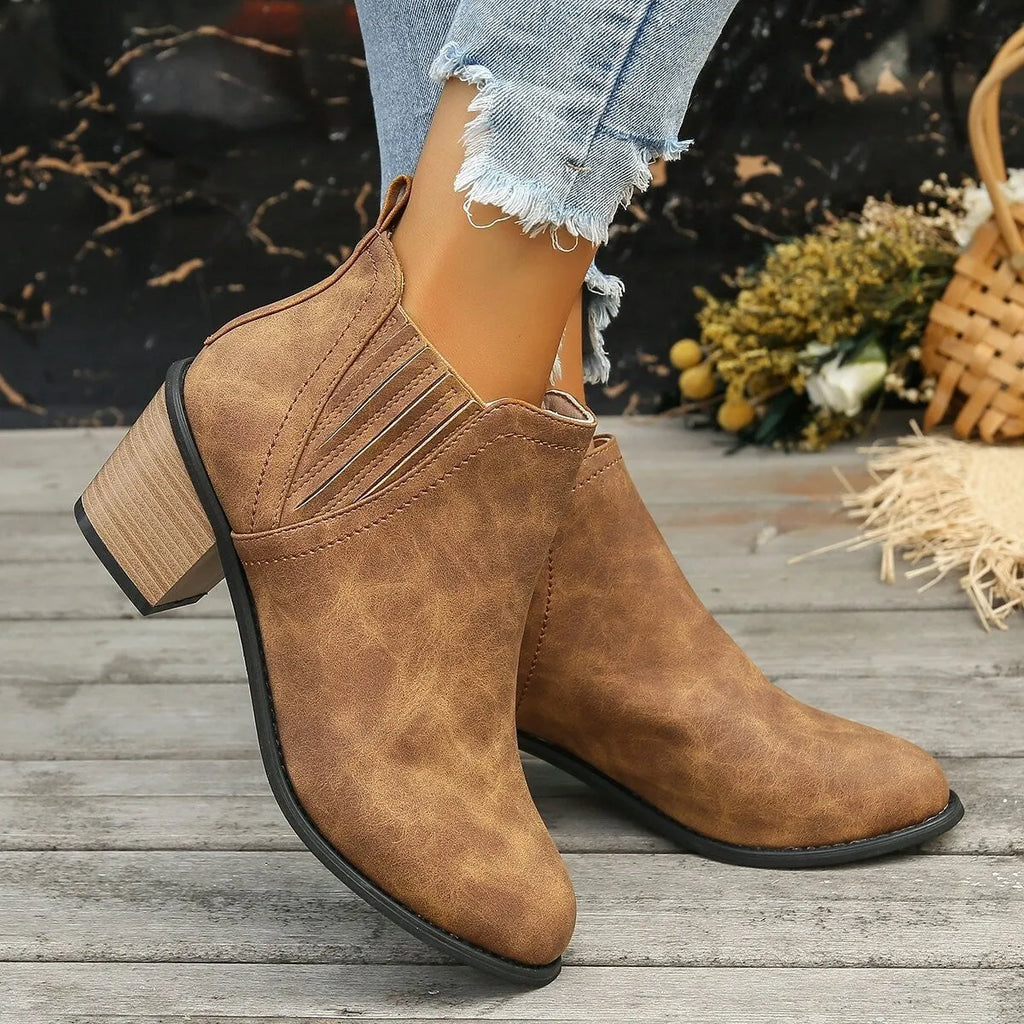 Women's black pointed toe ankle boots with thick square heel in artificial PU material