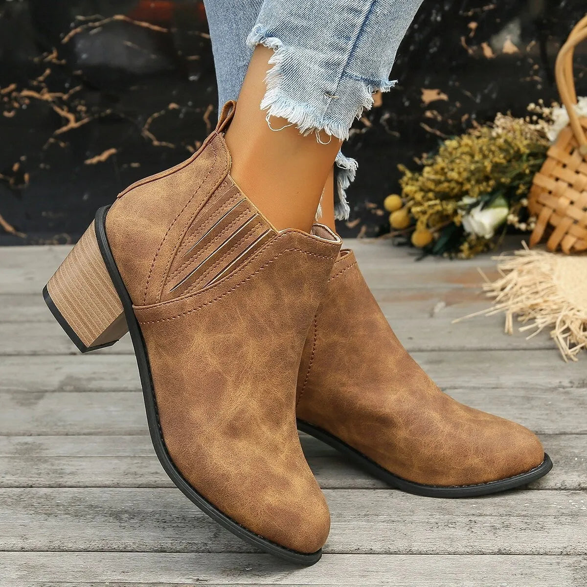Women's black pointed toe ankle boots with thick square heel in artificial PU material