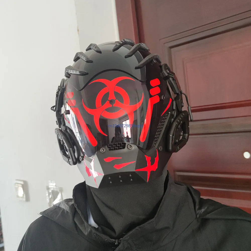 Black full face helmet prop mask with cyberpunk Bioweapon design for costume use