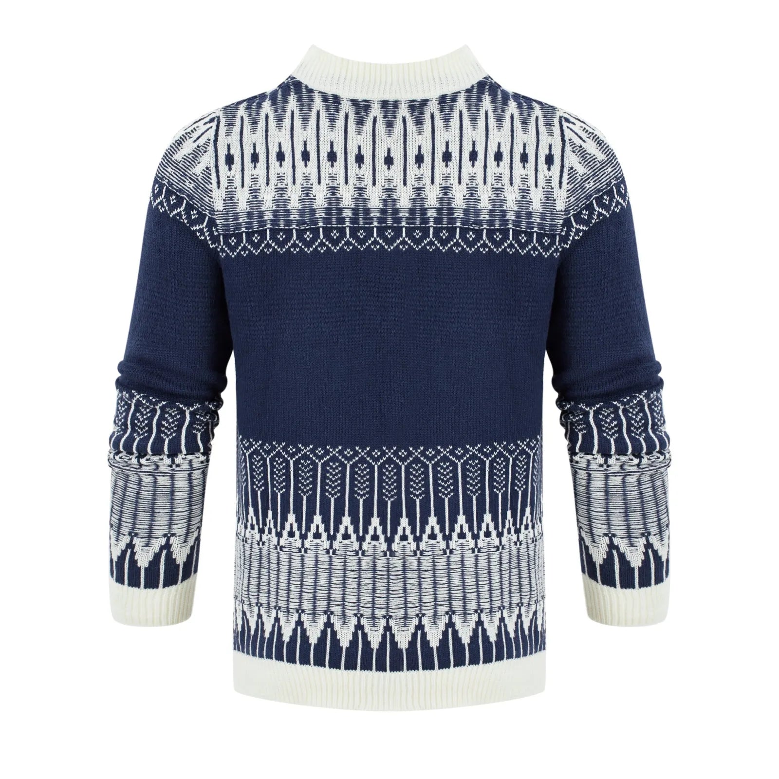 Men's grey knitted sweater with long sleeves, crew neck, and ribbed hem cuffs laid flat