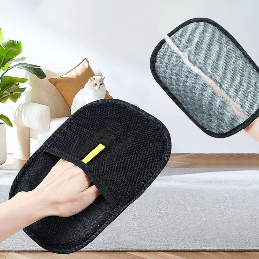 Black pet hair remover gloves with dual-sided silicone bristles for dog cat rabbit grooming