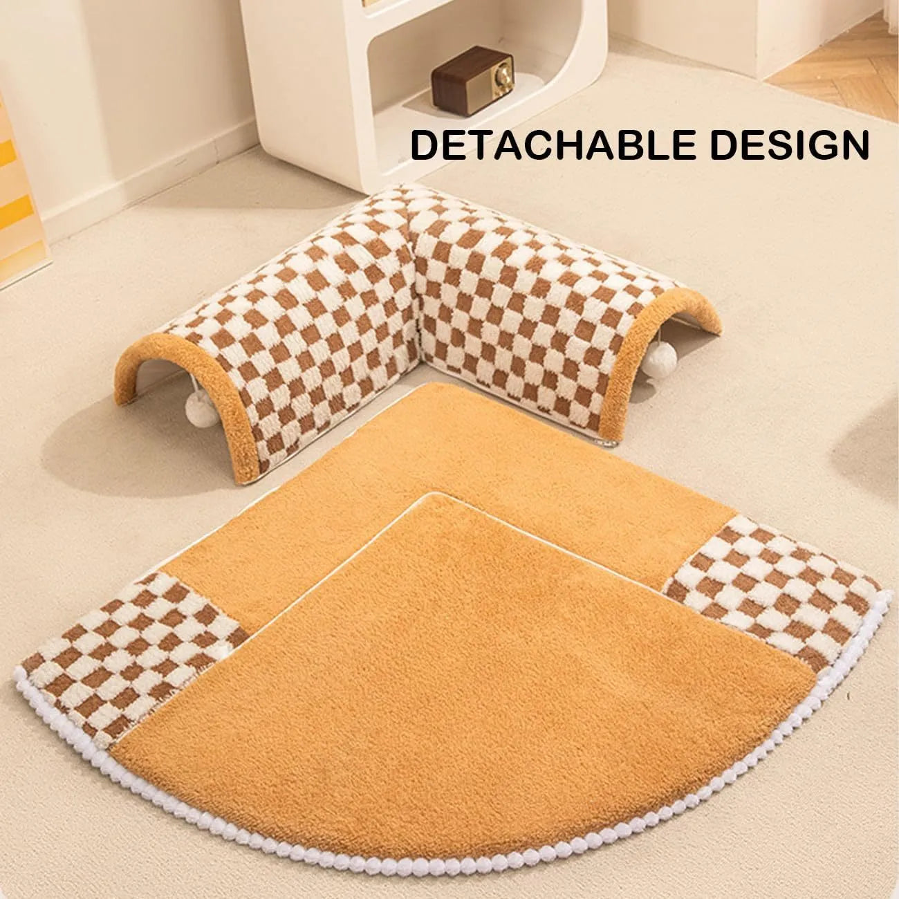 Fan-shaped plush pet bed with central play tunnel in plaid design, shown in coffee colour.