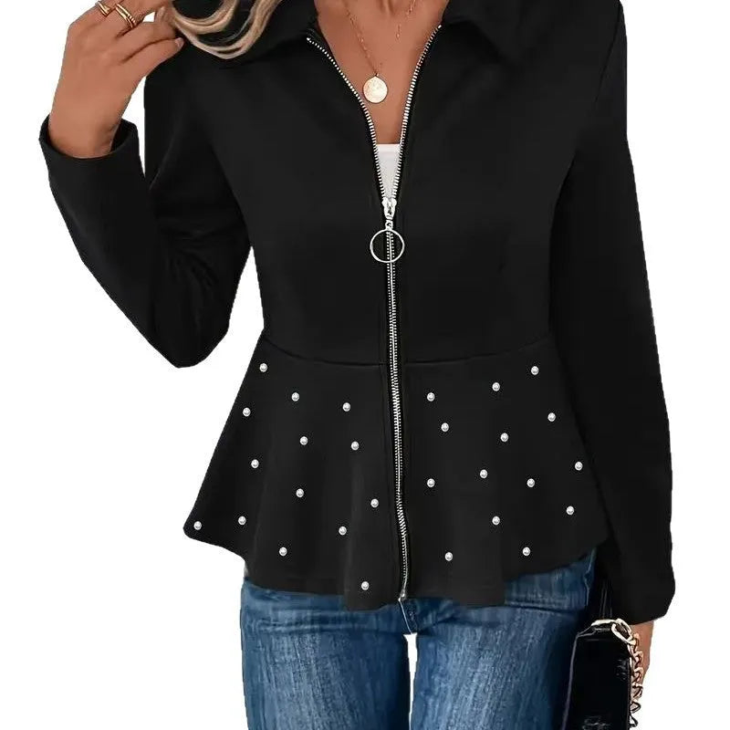 Women's loose fit coat with beaded heavy-duty zipper and ruffled hem in spandex fabric