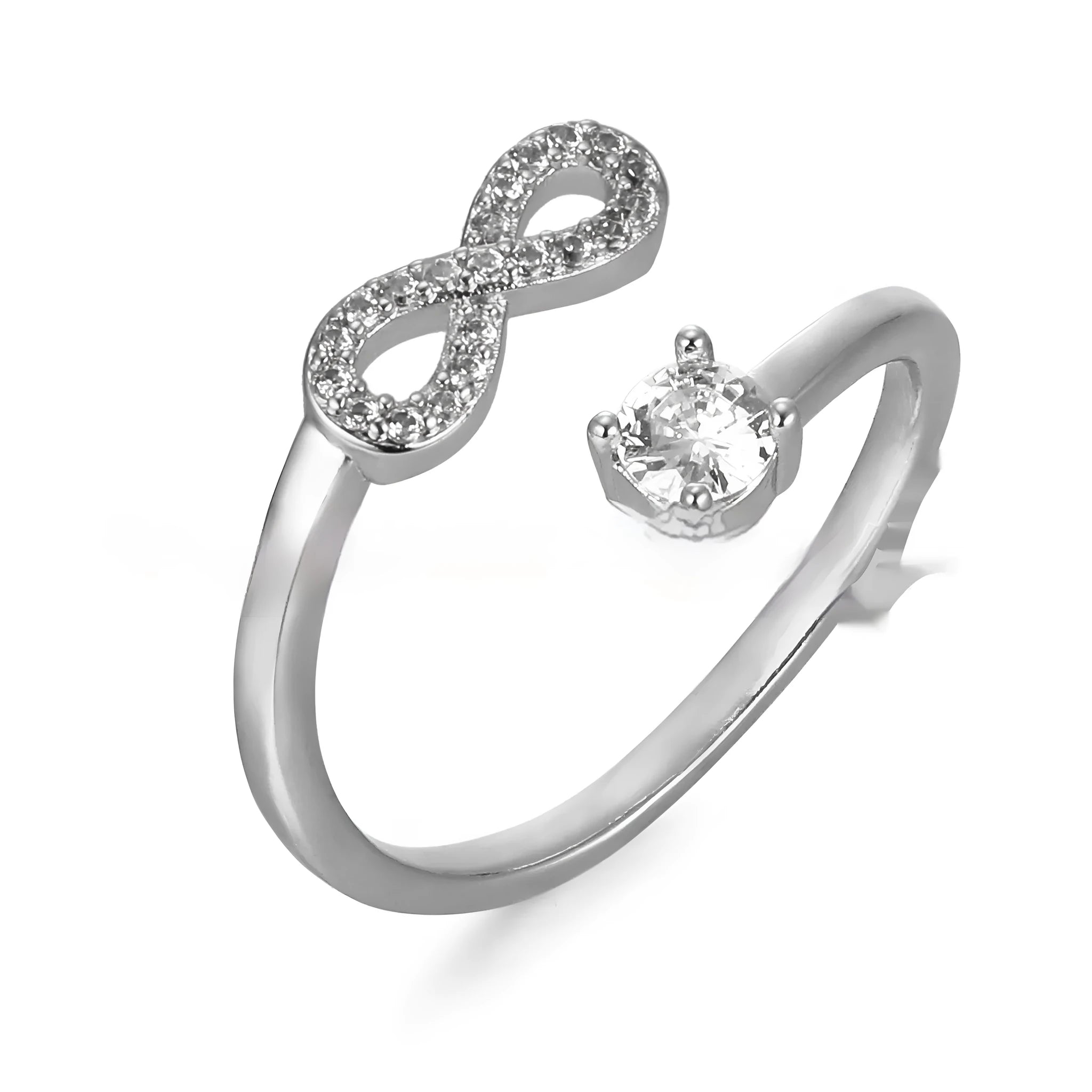 Geometric metal ring with zircon-inlaid initial letter charm in gold, rose gold, or silver.