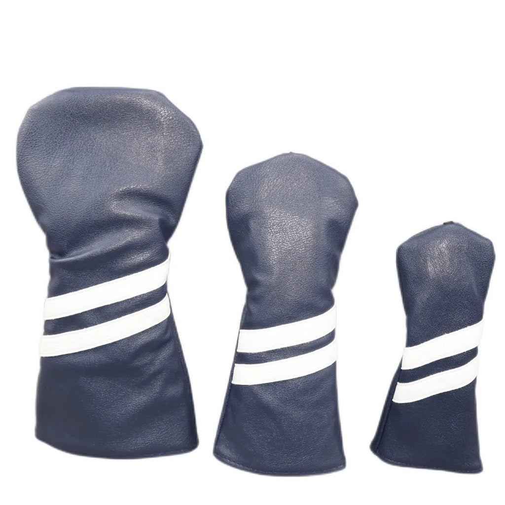 Golf club head cover with two diagonal stripes in PU material showing size and colour options