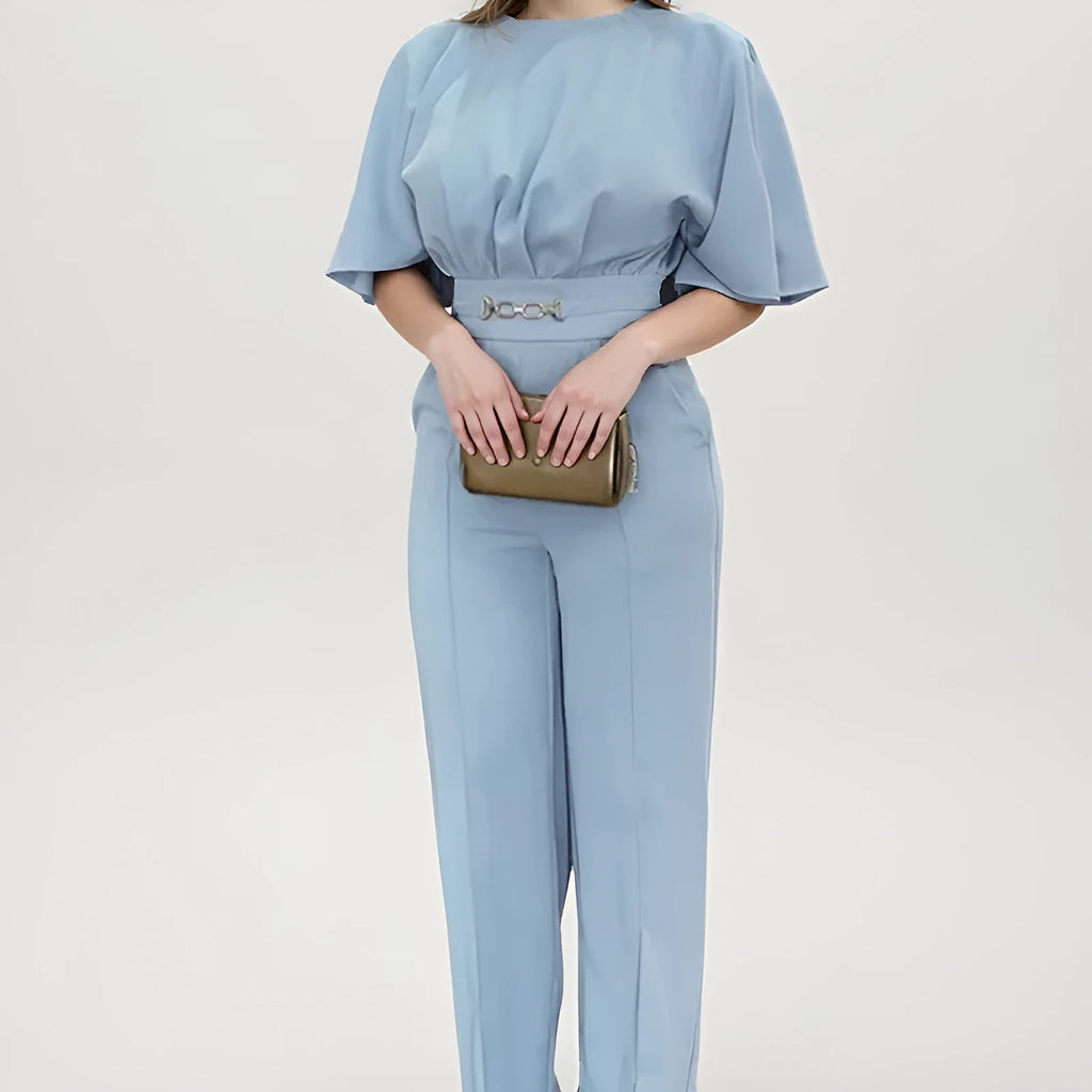 Blue polyester men's suit set with trousers and long-sleeved jacket in European/American sizing