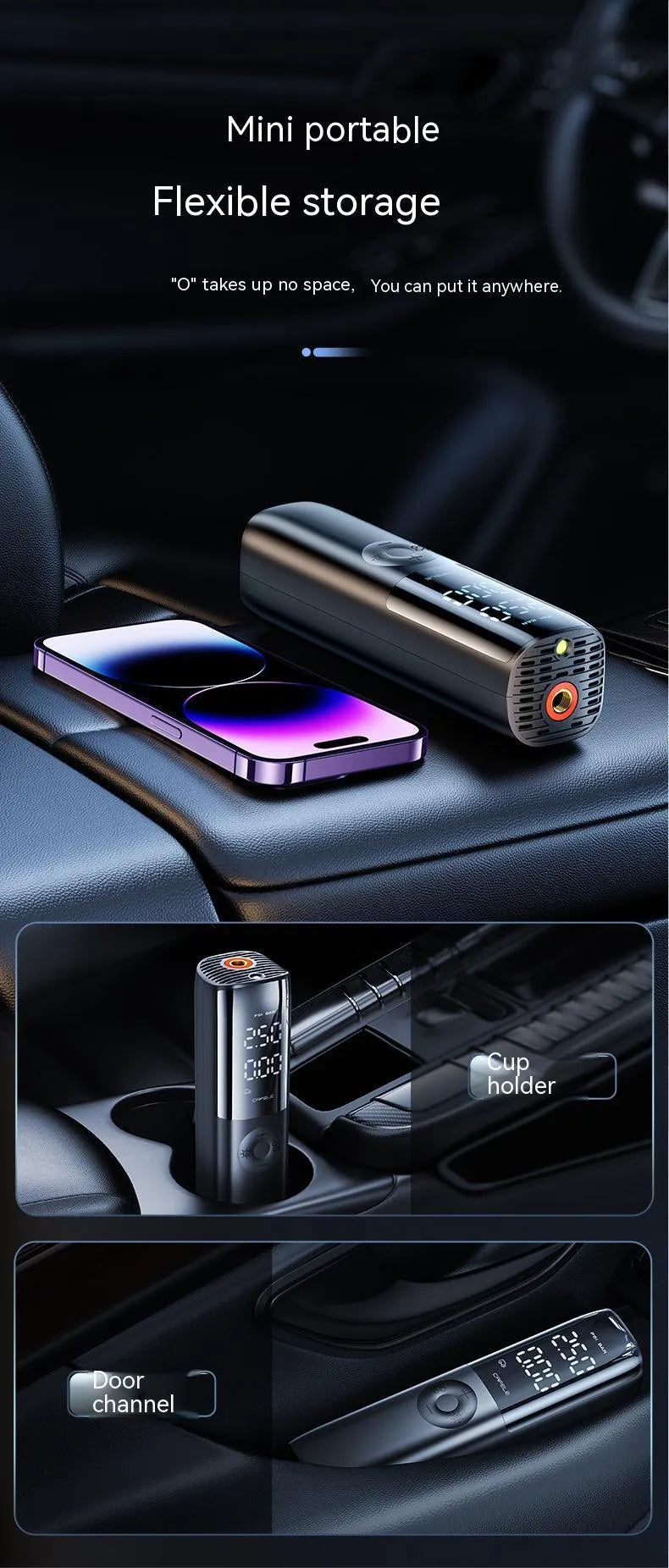 Black portable electric car air pump with ABS construction and tyre pressure gauge