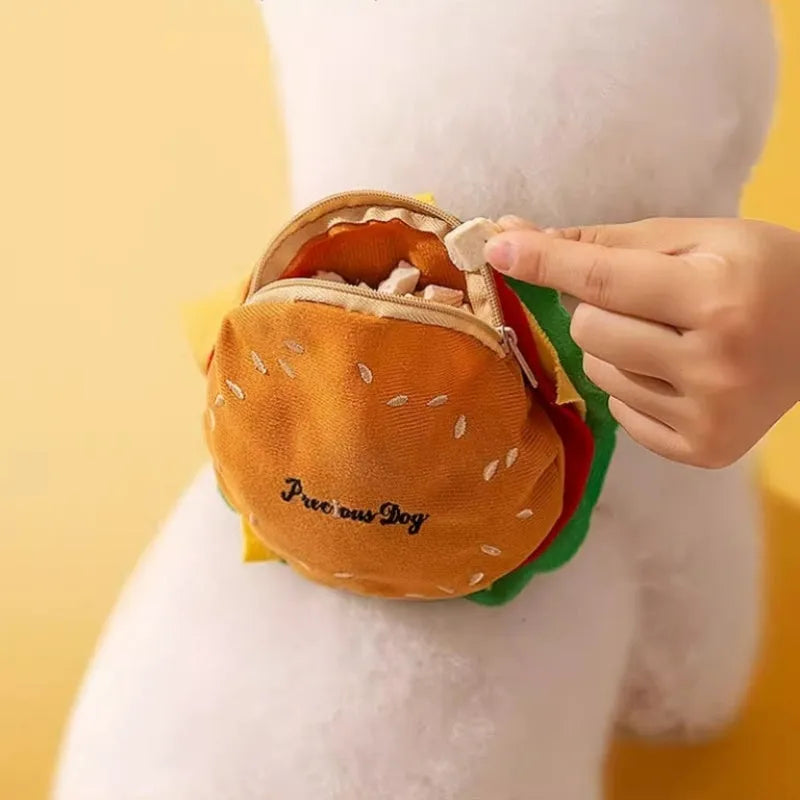Cartoon hamburger design adjustable escape-proof vest and leash set for cats and dogs on a grey background.