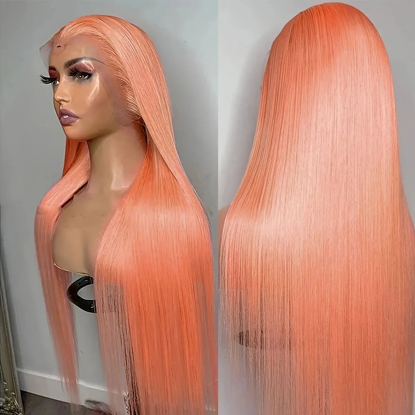 Light orange long straight synthetic wig with front lace and side bangs on a mannequin head.
