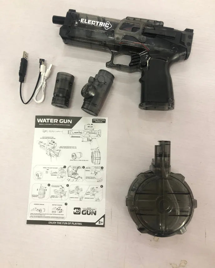 Fire Rat AC223 black and blue electric water pistol toy with LED lights on display