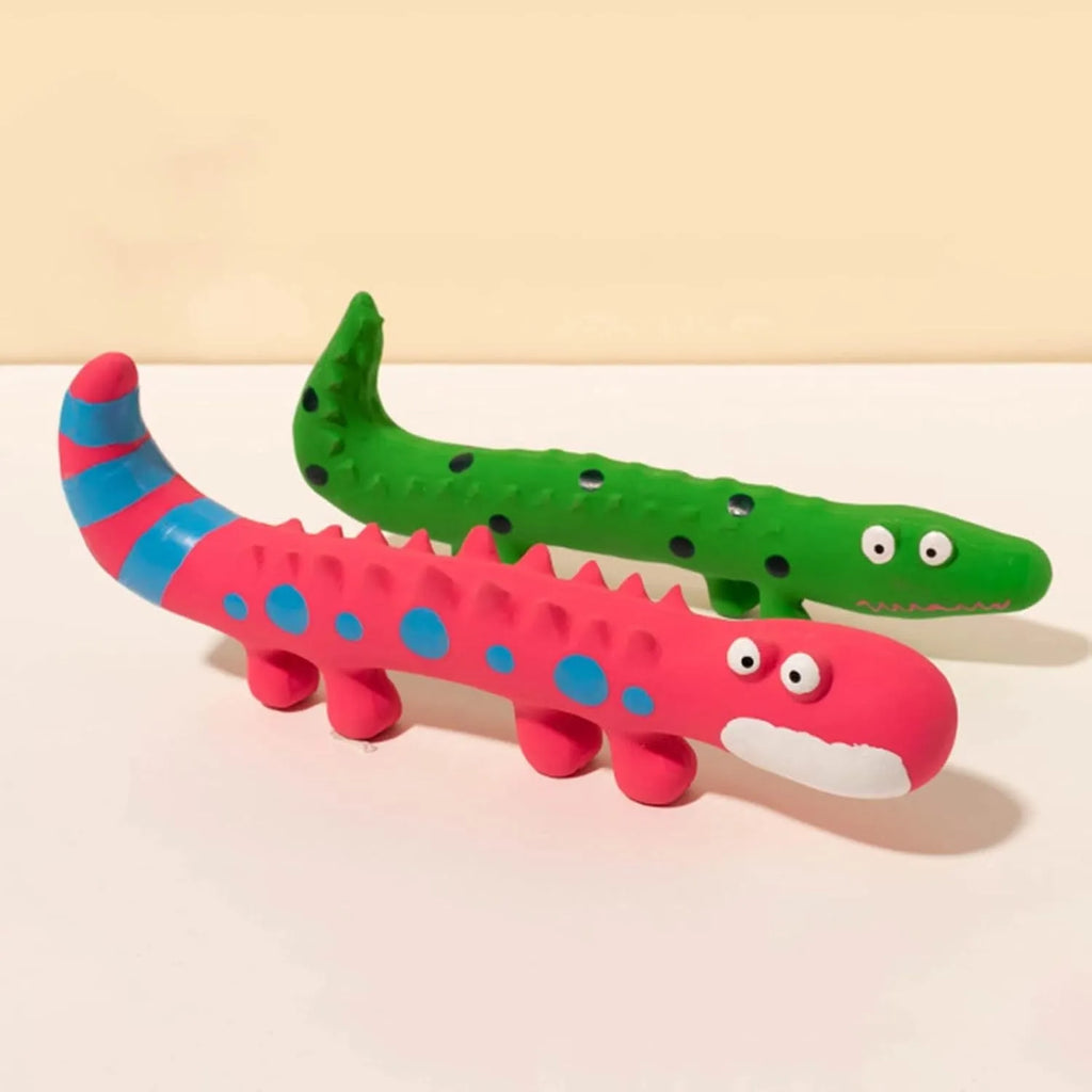 Green latex lizard-shaped dog chew toy with squeaker for aggressive chewers