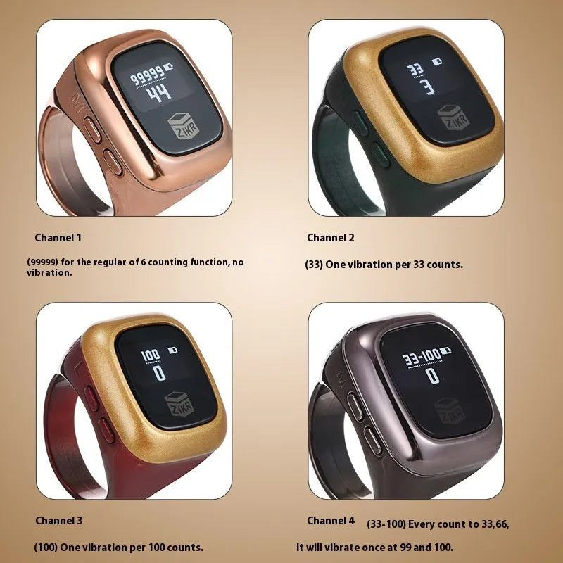 Al-Fatiha electronic zikr counter with digital display on a wrist, shown in rose gold colour with a 20mm band.