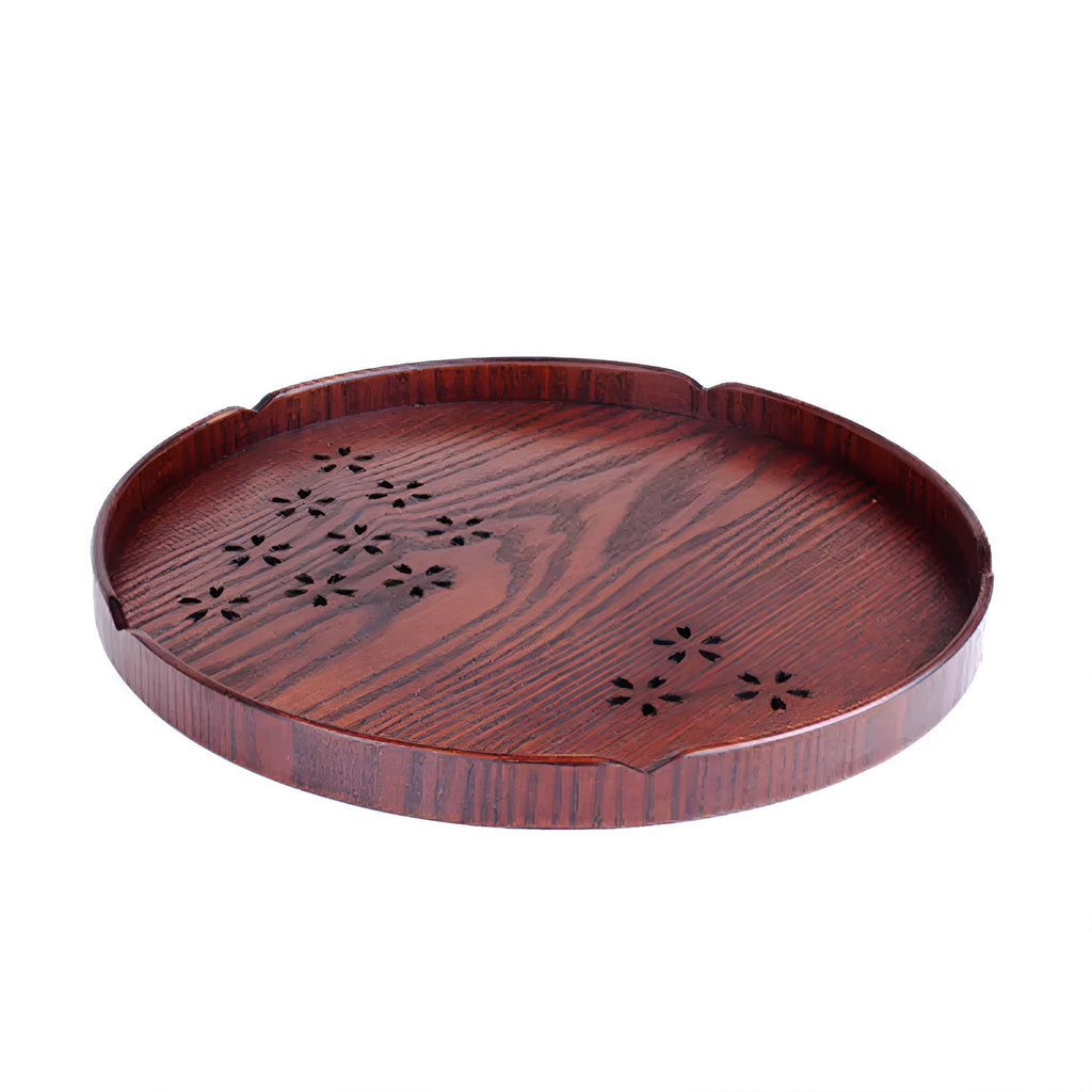 Wooden serving plate with hollow sakura pattern, 30cm diameter, shallow depth for dessert presentation