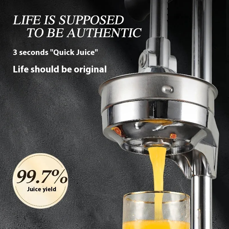 Vertical stainless steel manual juicer with interchangeable pointed, flat and double heads in multiple colours.