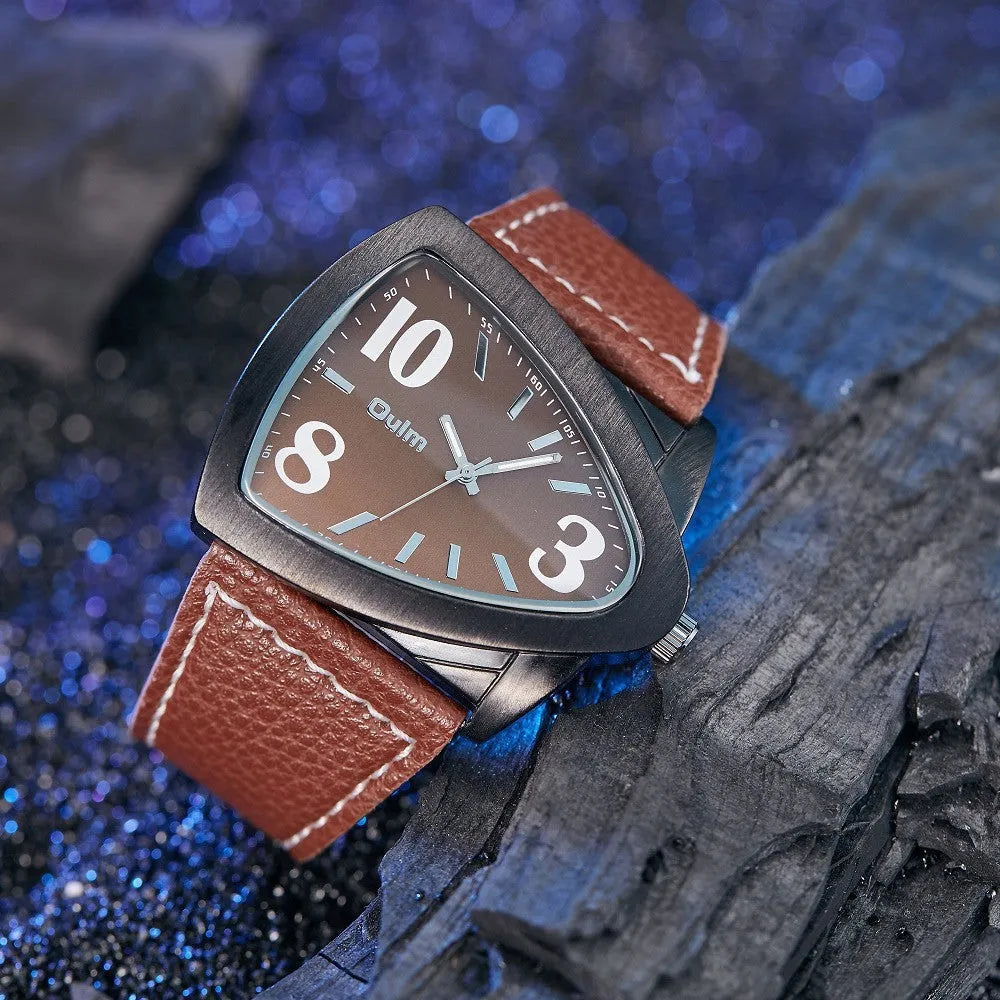 Men's casual watch with triangle pattern strap in choice of brown, black, or blue colour.