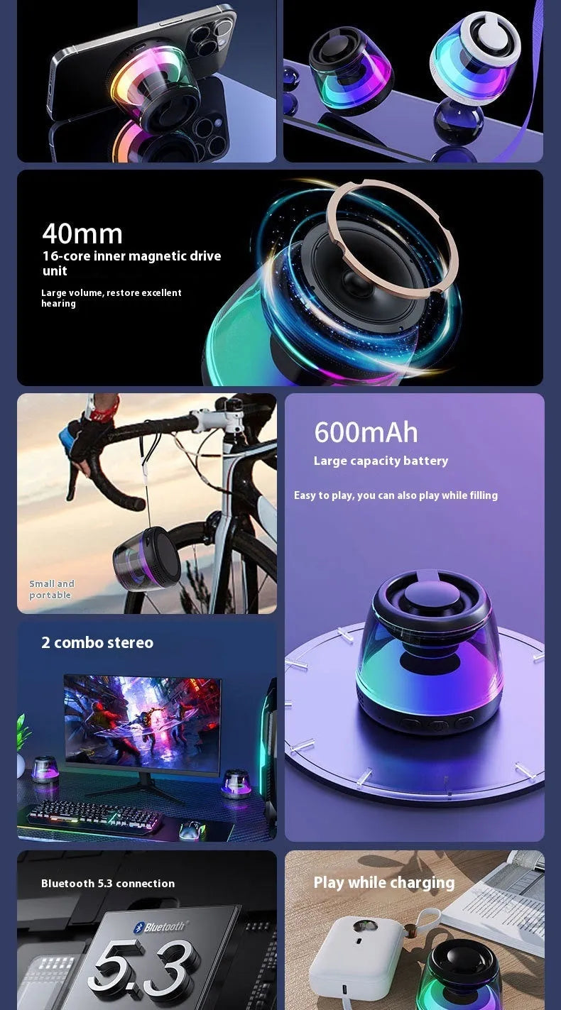 Portable wireless Bluetooth speaker with magnetic base and LED lighting in black or white