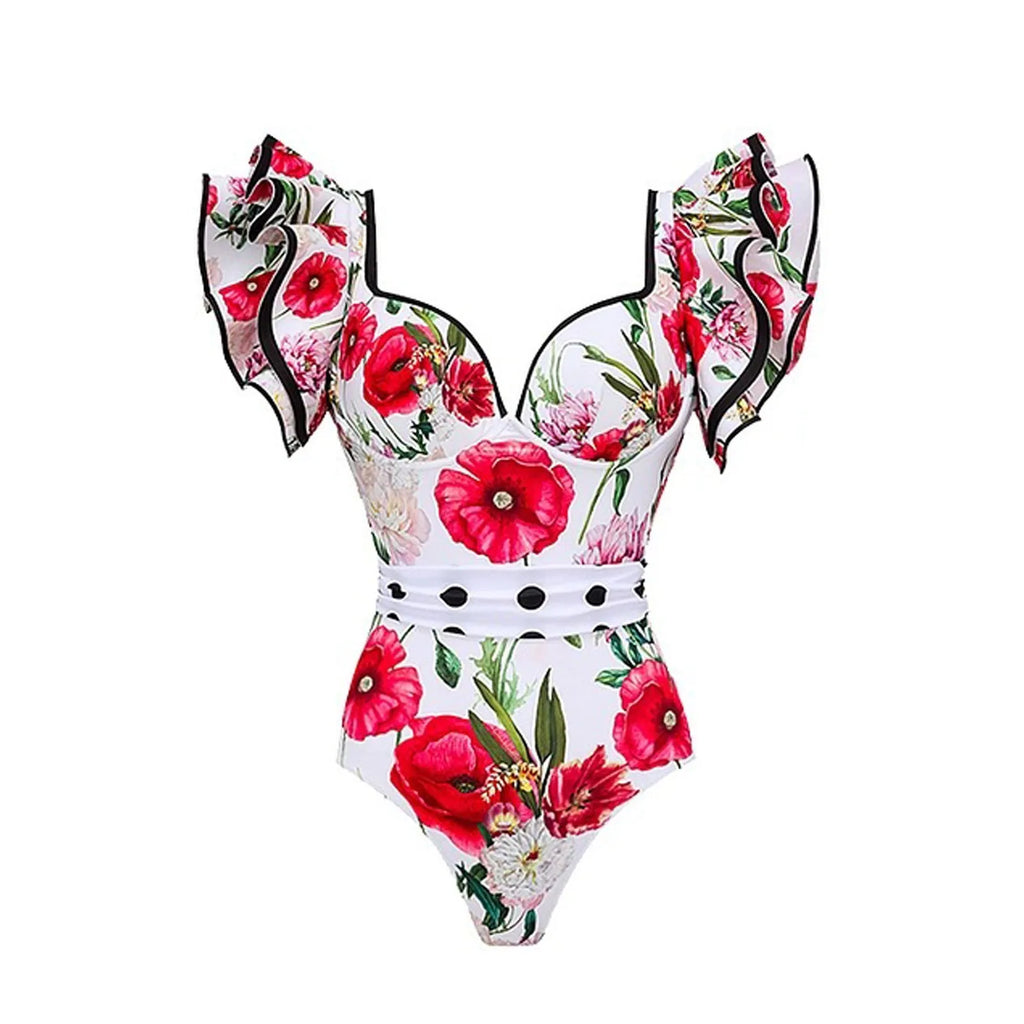 Women's printed one-piece polyester swimsuit on a hanger, showing rose pink, white, blue, and red apron design options.