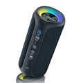 Black and blue fabric wireless Bluetooth speaker with multi-colour lighting and waterproof outdoor design
