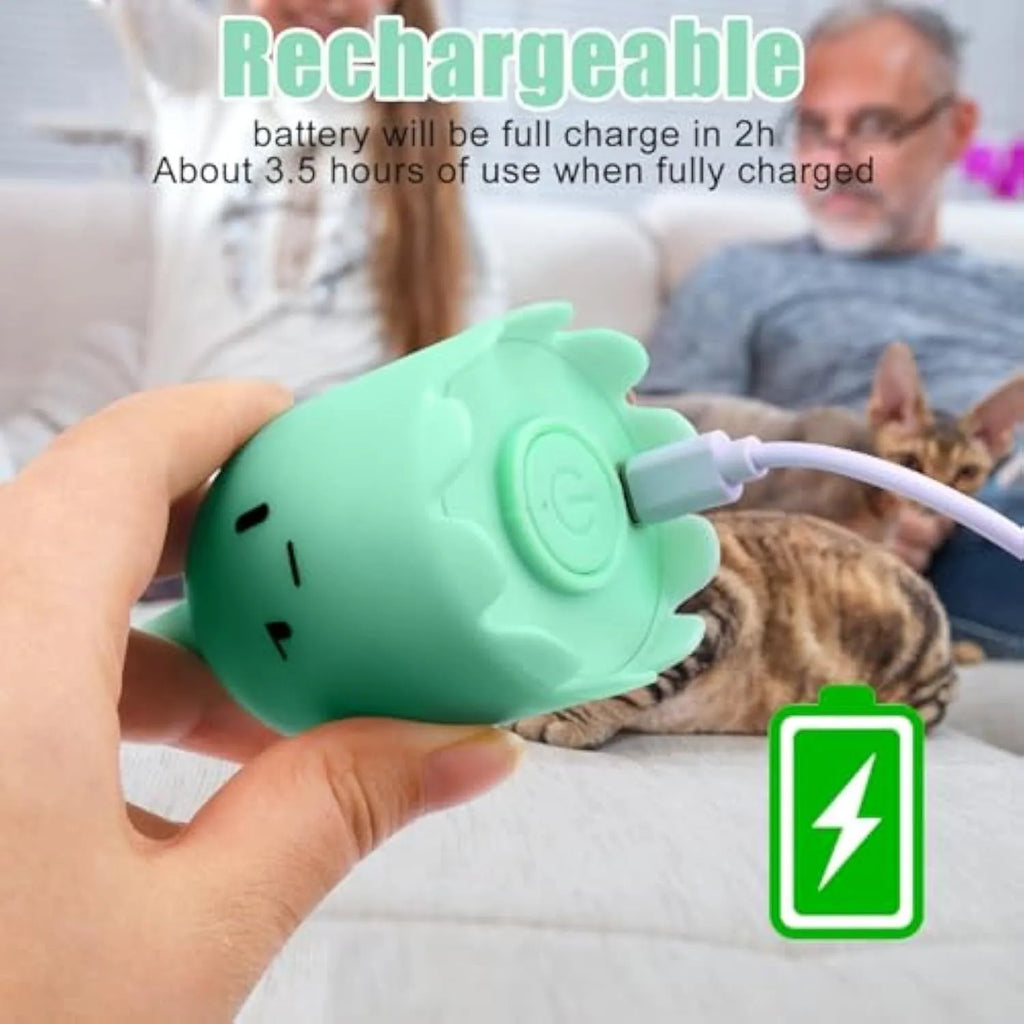Automatic electronic cat toy wand with green silicone tails swinging in motion