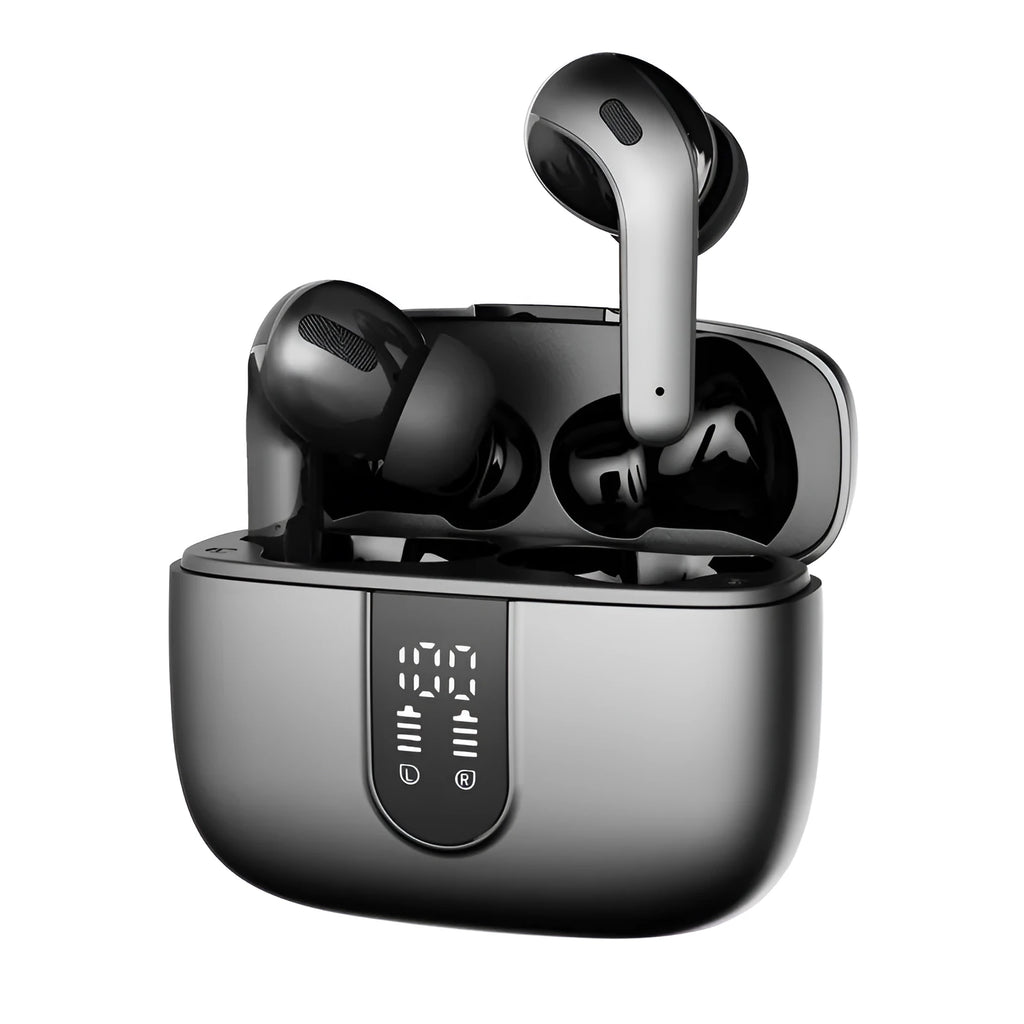 Jerry X08 wireless in-ear headphones with digital display and USB charging case in black, grey, or white