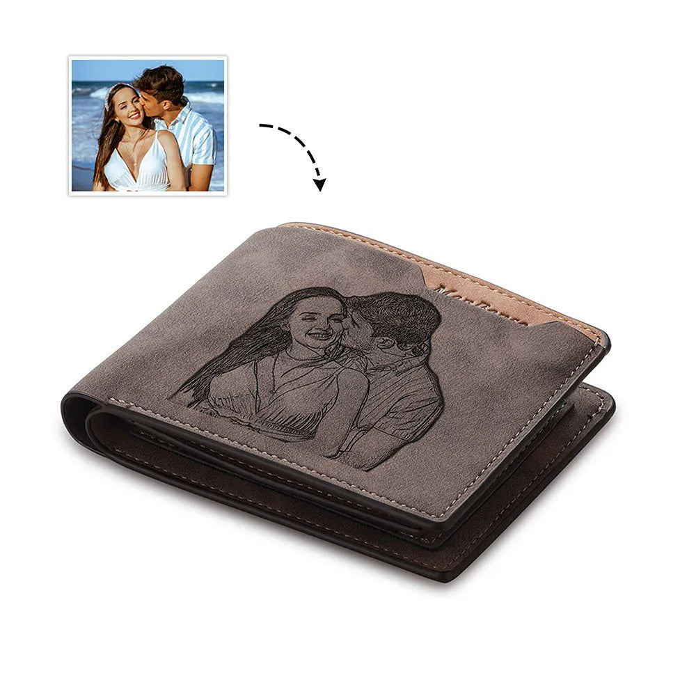 Coffee coloured horizontal short wallet with photo engraving personalisation