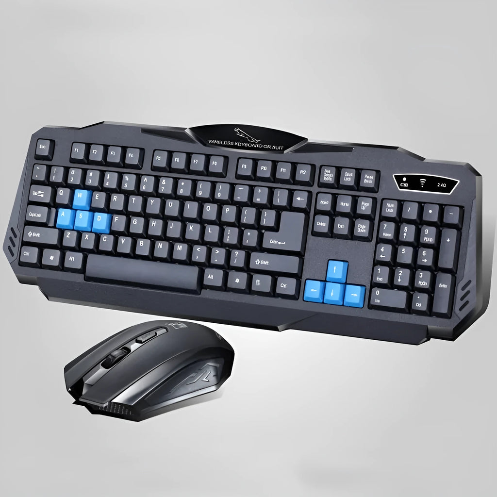 Wireless black keyboard and mouse combo with 2.4G USB receiver on desk