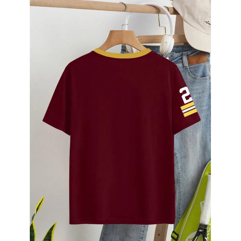 Red cotton loose fit T-shirt with digital letter printing and short sleeves