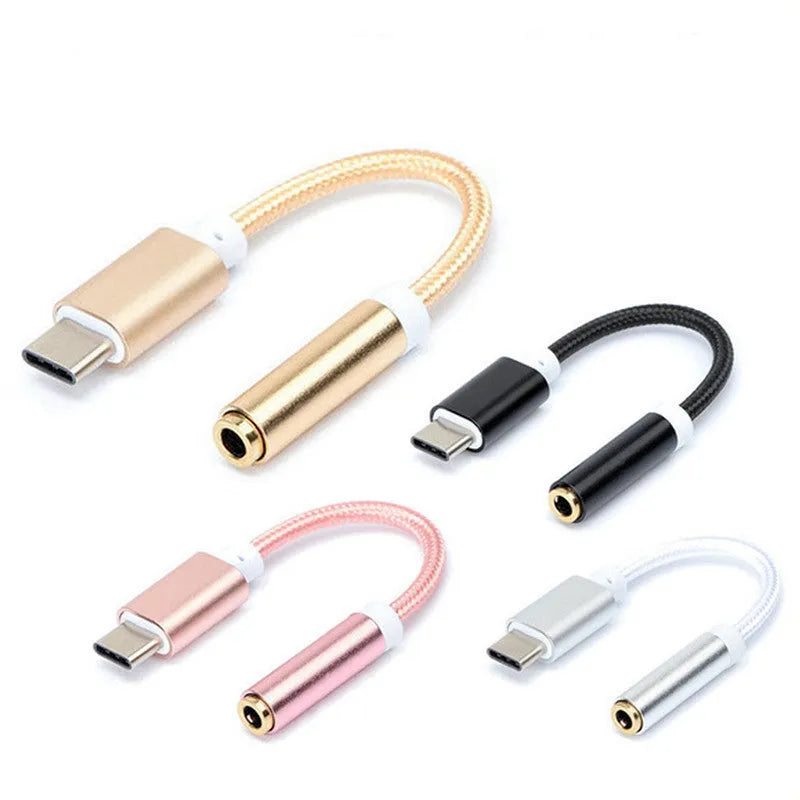 Type-C to 3.5mm audio adapter cable with nylon braided 12cm cable in four colour variants