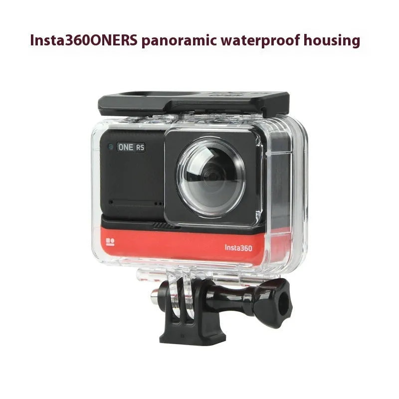 Transparent waterproof housing for Insta360 One RS panoramic camera showing dual-lens protection