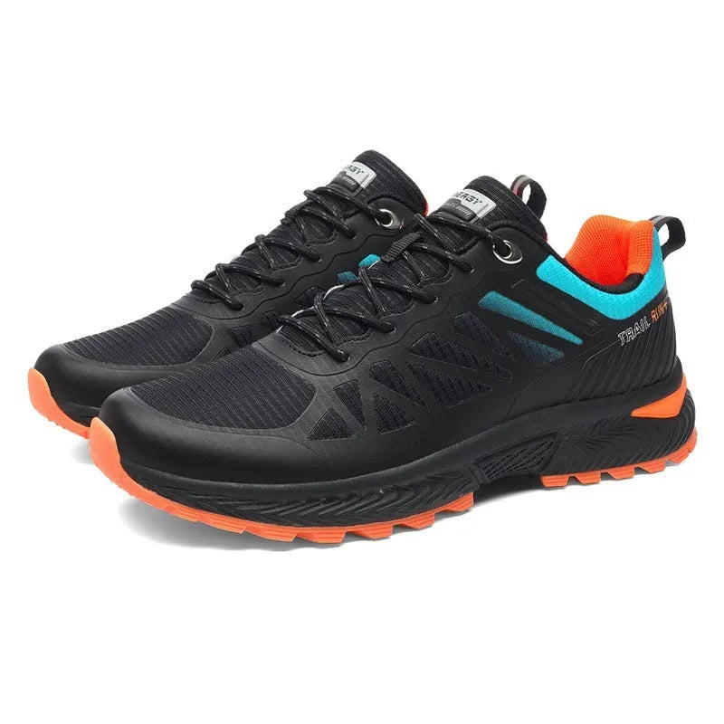 Men's plus size outdoor running shoes in black with breathable mesh upper and lace-up front.