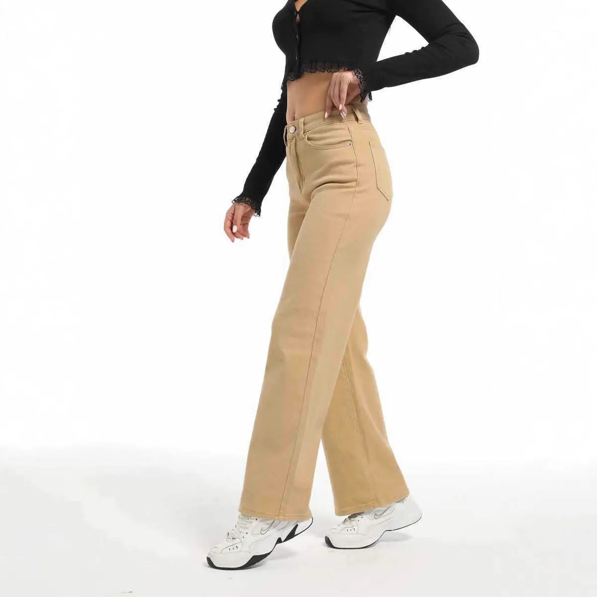Women's autumn straight leg jeans in wide leg high waist style, apricot colour