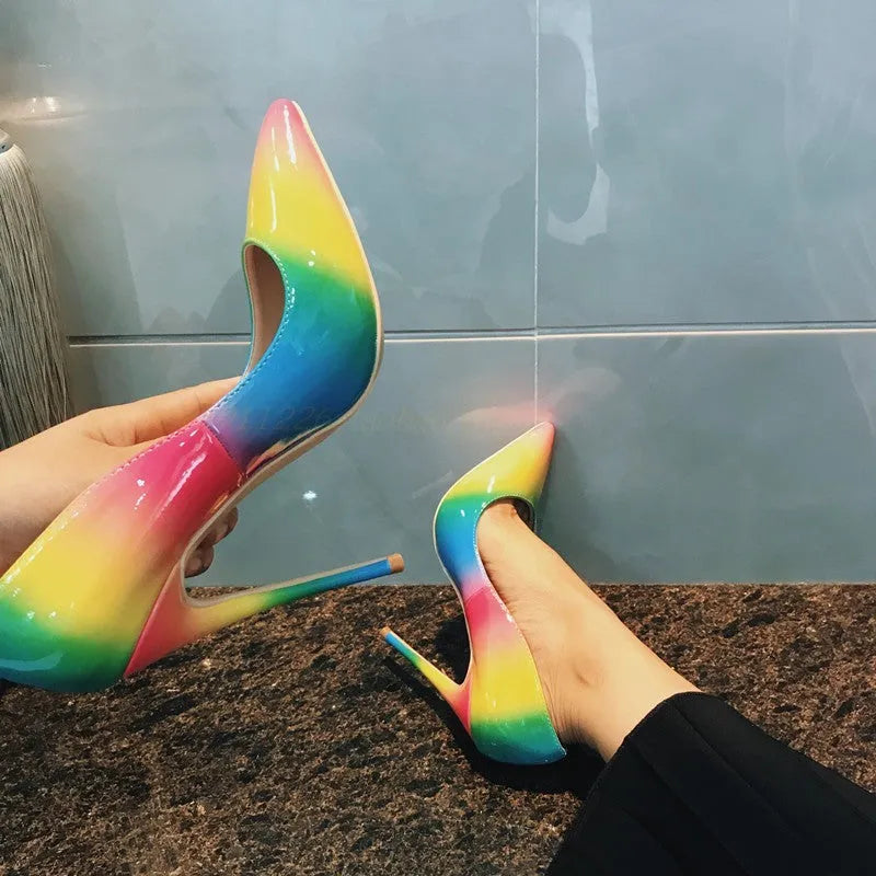 Rainbow patent leather women's high heels with pointed toe and stiletto heel