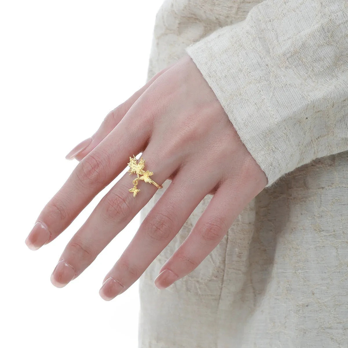 Adjustable silver butterfly ring with electroplated white gold or 18K gold finish