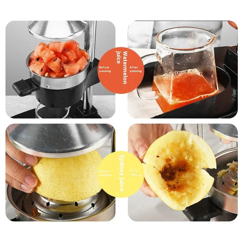 Tall black manual citrus juicer with cast iron base and stainless steel press cone on a kitchen counter