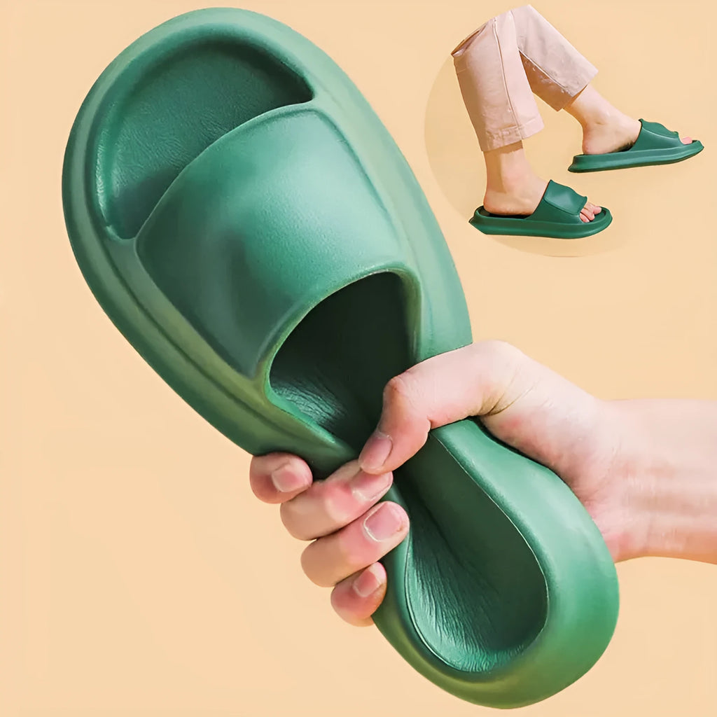 Soft EVA flip-flop slippers with a thick sole, shown in multiple colours including black, pink, and grey.