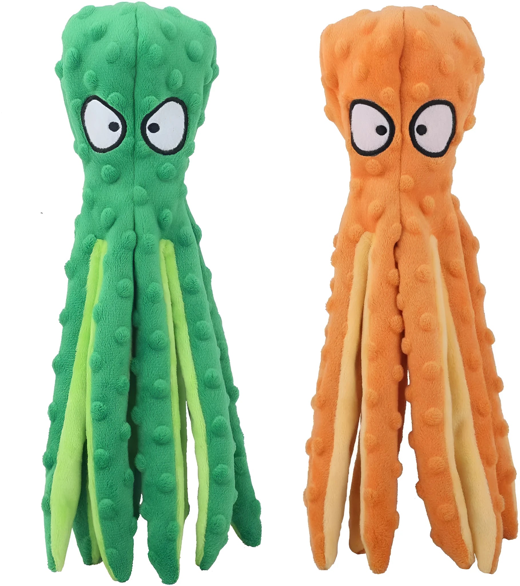 Blue, green, orange, and purple octopus-shaped dog squeaky toys with no stuffing on a white background.