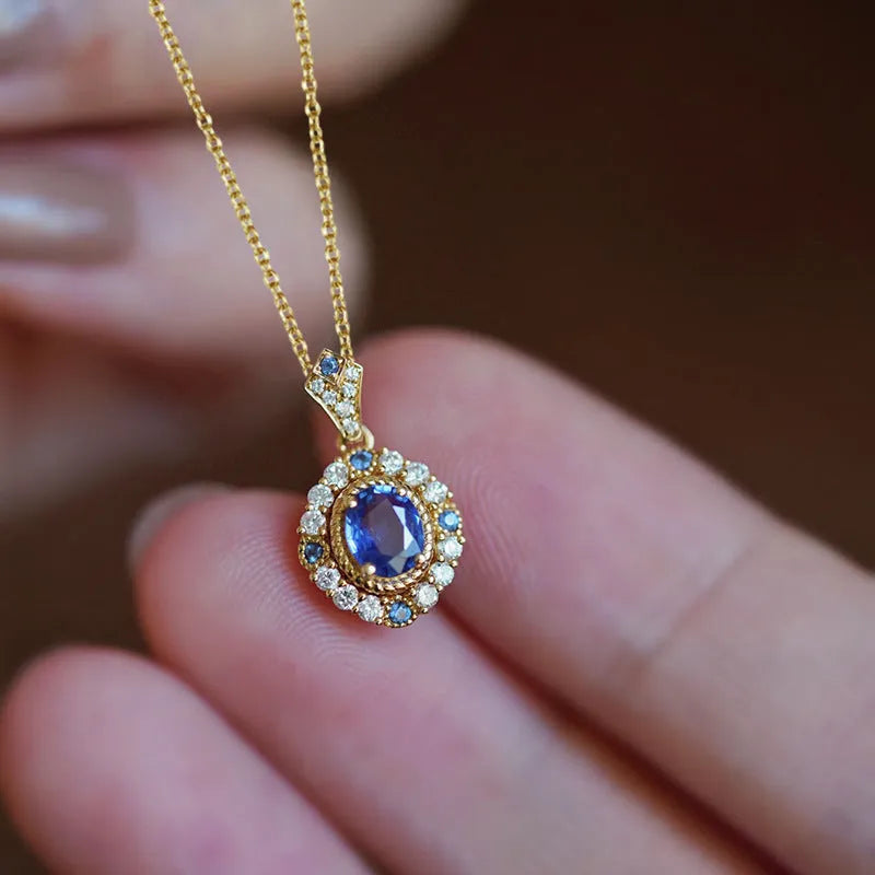 Royal style women's necklace with mixed gem zircon pendant on yellow gold adjustable box chain