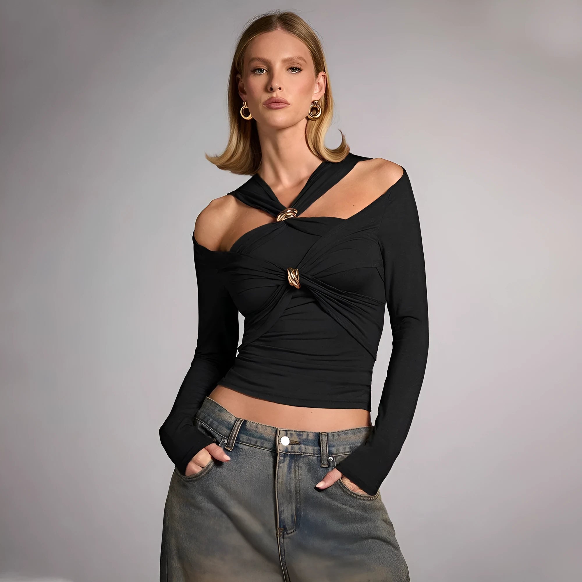 Black women's halter top with long sleeves and slim fit design