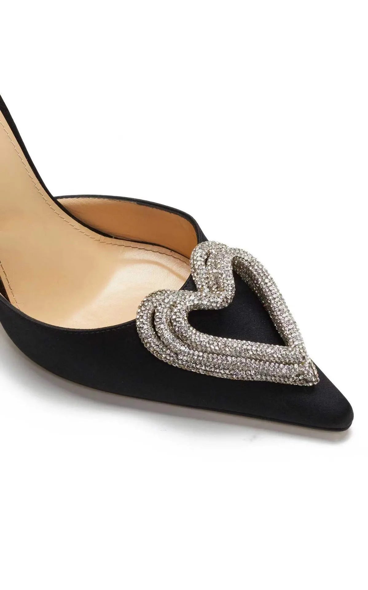 Women's pink satin sandal with heart-shaped rhinestone detail on strap and pointed toe.