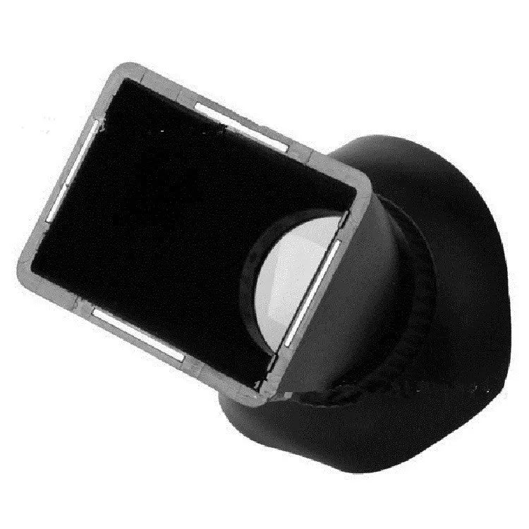 Black camera LCD framing amplifier with optical lens attached to a DSLR camera.