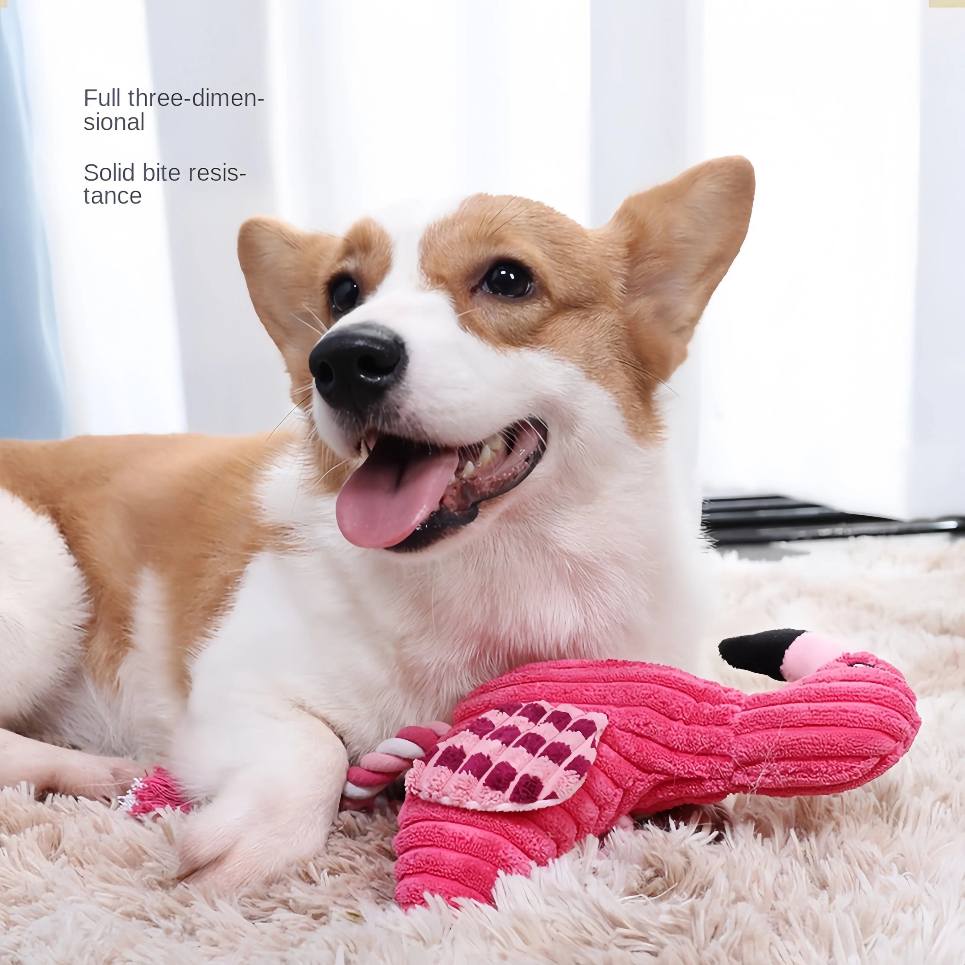 Pink corduroy animal-shaped squeaky dog toy with bite-resistant construction for small and large breeds