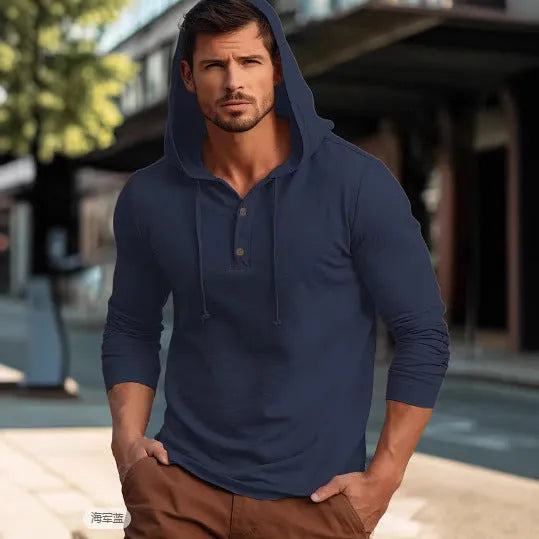 Men's casual pullover hoodie in cotton, shown in one of six colour options