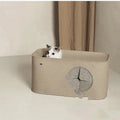 Grey foldable felt cat nest bed showing dimensions and soft textured material