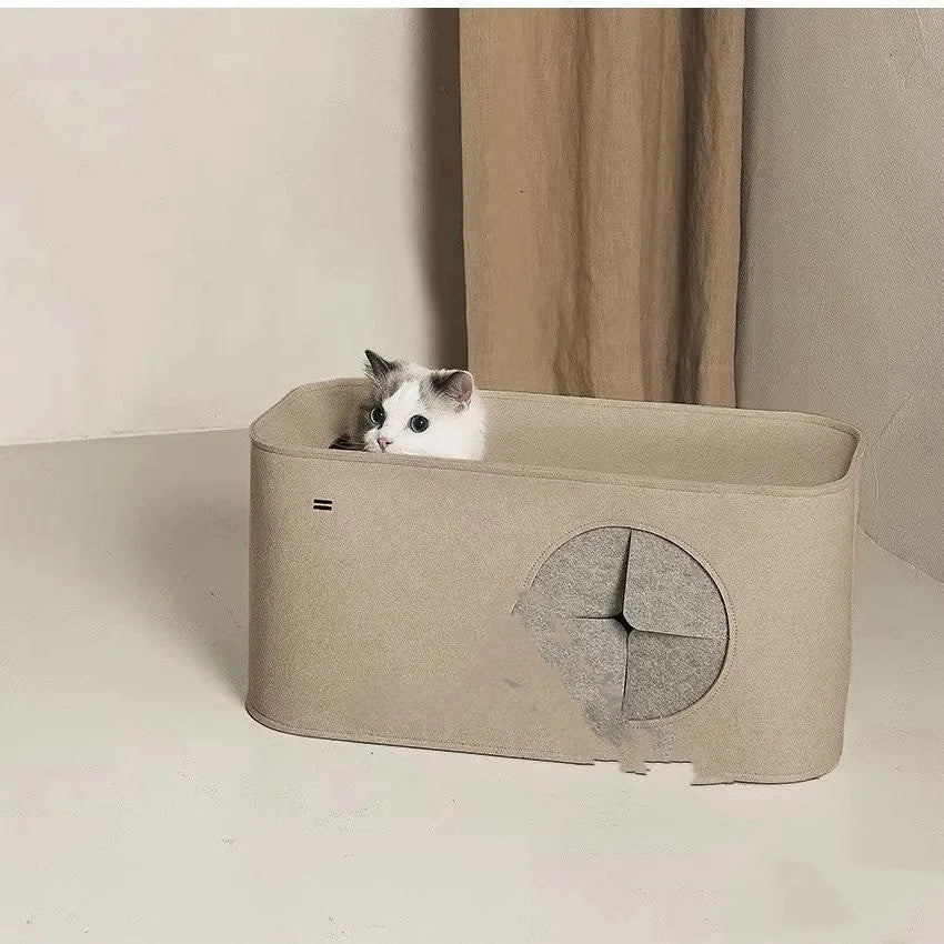 Grey foldable felt cat nest bed showing dimensions and soft textured material