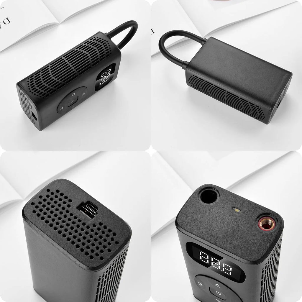 Black M09X portable power bank tyre inflator with digital display and 16cm air hose on a dark background.